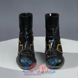 Rerir cosplay boots top view showing bold gold star-shaped accents on the front of both black boots.
