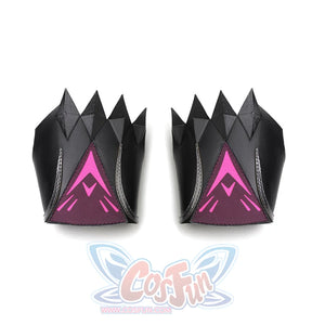 Rerir cosplay pair of black spiky pauldrons with crown-like tips and pink arrow triangle emblem