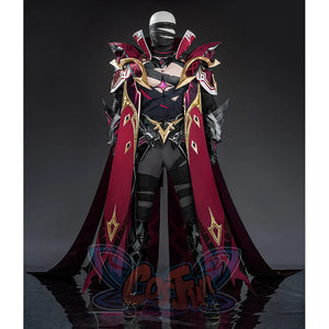 Rerir cosplay full body front view with grey helmet, dark armor, red cape, and gold trim