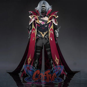 Genshin Impact Rerir cosplay costume full front view with dark armor, red cape, and gold accents