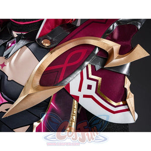 Rerir cosplay gold arch chest armor closeup with red fabric panels and white armor detail
