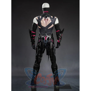 Rerir cosplay inner bodysuit back view showing dark cross-strap design with pink accents