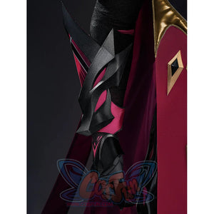 Rerir cosplay shoulder and arm armor detail with dark geometric plates, pink accents, and red cape