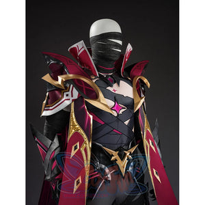 Rerir cosplay upper body with red cape, gold crescent armor, pink star gem, and wrap face