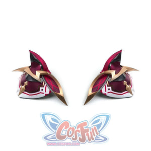 Rerir cosplay shoulder armor pair displayed side by side, showing red and gold pauldrons with pointed spikes