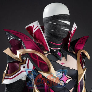 Rerir cosplay shoulder armor worn on a model, showing the full upper body look with red, gold, and black details