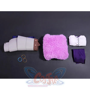 Robin cosplay complete costume set flat lay with all pieces and accessories organized display