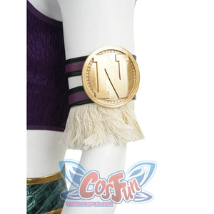Close-up of Robin cosplay black arm ring accessory featuring a gold N medallion and fringe trim