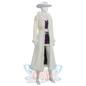 Angled back view of Robin cosplay costume showing white coat, gold embroidery details, and hat