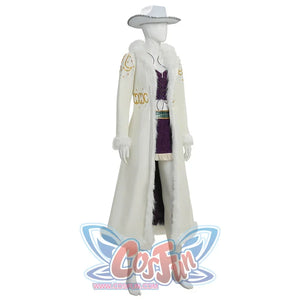 Angled back view of Robin cosplay costume showing white coat, gold embroidery details, and hat