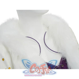 Close-up of Robin cosplay white coat fur collar area with dark stitching line detail visible