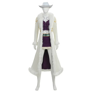 Full body front view of Robin cosplay costume with white fur coat, gold embroidery, and purple skirt