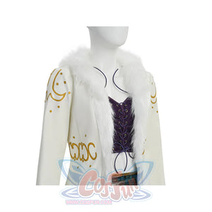 Detail view of Robin cosplay white coat open, featuring gold moon embroidery and purple lace corset