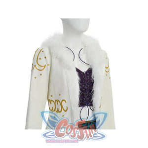 Detail view of Robin cosplay white coat open, featuring gold moon embroidery and purple lace corset
