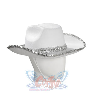 Back angled view of Robin cosplay white western hat showing rhinestone brim trim on mannequin head