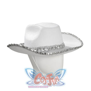 Back angled view of Robin cosplay white western hat showing rhinestone brim trim on mannequin head