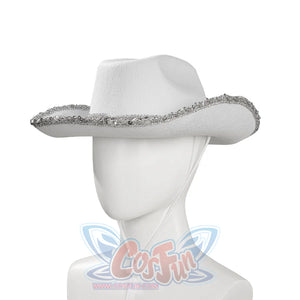 Side view of Robin cosplay white cowboy hat with rhinestone-trimmed brim worn on mannequin head