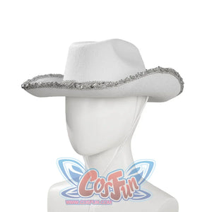 Side view of Robin cosplay white cowboy hat with rhinestone-trimmed brim worn on mannequin head