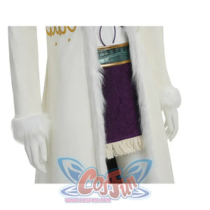 Lower front detail of Robin cosplay showing teal belt, purple fringe skirt, and white fur cuffs
