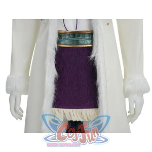 Mid-section detail of Robin cosplay showing fur-trimmed coat, teal crocodile belt, and purple skirt