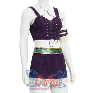 Side detail of Robin cosplay purple corset top, fringe arm cuff, teal belt, and purple mini skirt