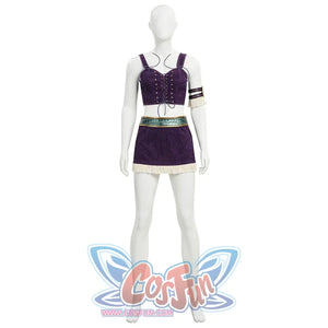 Front view of Robin cosplay purple corset top, arm ring, teal belt, and fringe mini skirt