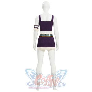 Back view of Robin cosplay purple crop top with arm cuff, teal belt, and fringe mini skirt
