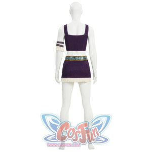 Back view of Robin cosplay purple crop top with arm cuff, teal belt, and fringe mini skirt
