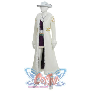 Side view of Robin cosplay outfit featuring white fur-trimmed coat, purple corset, and cowboy hat