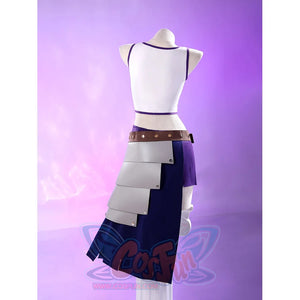 Robin cosplay costume side view showing white top, brown belt, purple skirt, and segmented white arm armor