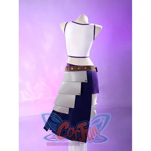 Robin cosplay costume side view showing white top, brown belt, purple skirt, and segmented white arm armor