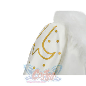 Extreme close-up of Robin cosplay coat sleeve with gold crescent moon and dot embroidery pattern