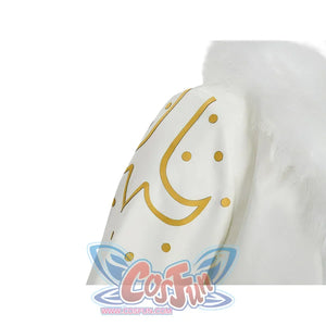 Extreme close-up of Robin cosplay coat sleeve with gold crescent moon and dot embroidery pattern