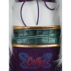 Close-up detail of Robin cosplay teal crocodile PU leather belt with gold trim and purple skirt
