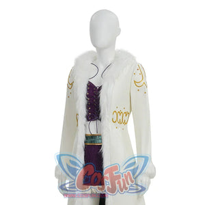Upper body detail of Robin cosplay costume showing open white coat, gold embroidery, and teal belt