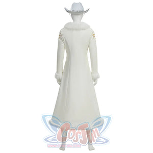Full back view of Robin cosplay white coat with fur collar, gold embroidery, and fringe hem