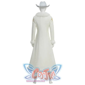 Full back view of Robin cosplay white coat with fur collar, gold embroidery, and fringe hem