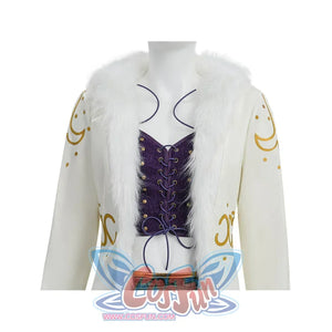 Close-up of Robin cosplay white coat showing fur collar, gold crescent embroidery, and purple corset