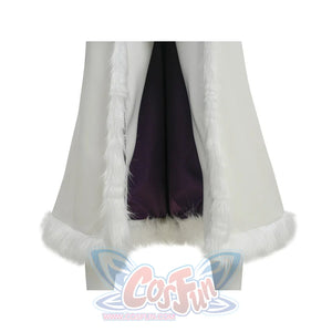 Lower section of Robin cosplay white coat showing white fur trim at hem and cuffs with purple skirt