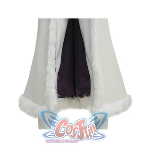 Lower section of Robin cosplay white coat showing white fur trim at hem and cuffs with purple skirt
