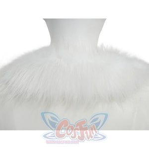 Extreme close-up of Robin cosplay coat's thick white fluffy fox fur collar trim texture