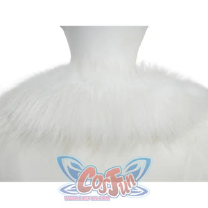 Extreme close-up of Robin cosplay coat's thick white fluffy fox fur collar trim texture