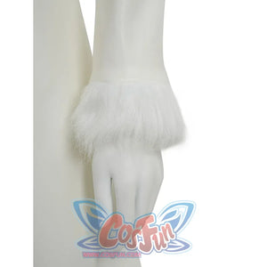 Close-up of Robin cosplay white coat's fluffy fox fur cuff trim detail on the sleeve end