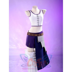 Robin cosplay costume on mannequin featuring white crop top, brown belt, dark purple skirt, and side armor panel