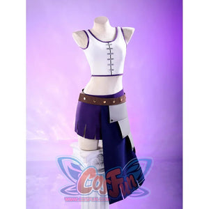 Robin cosplay costume on mannequin featuring white crop top, brown belt, dark purple skirt, and side armor panel