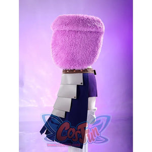 Robin cosplay costume back view showing pink fur wrap, dark purple skirt, and white arm guard detail