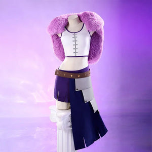 Robin cosplay full costume with white top, purple fur wrap, dark skirt, and arm guard on mannequin