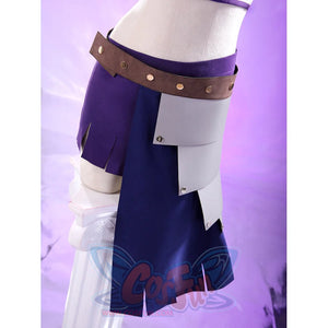 Robin cosplay close-up of dark purple skirt with studded brown leather belt and white side armor panel