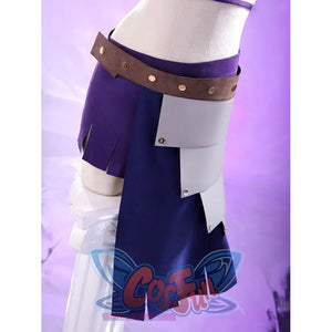 Robin cosplay close-up of dark purple skirt with studded brown leather belt and white side armor panel