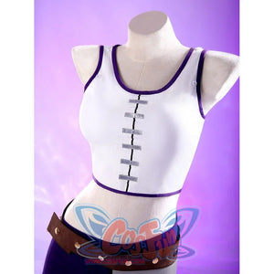 Robin cosplay white crop top with purple trim and decorative toggle closures, shown with brown leather belt